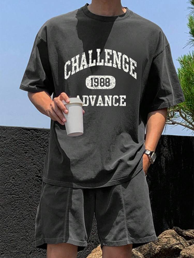 Men's Letter Print Short Sleeve T-Shirt And Shorts Set,Back To School Clothes