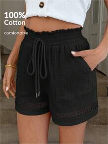 Easowa Cotton Lace Patchwork Elastic Waist Khaki Short Pants For Women, Spring/Summer