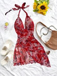 SHEIN PETITE Váy ngắn ngày lễ lãng mạn, cổ chữ V in hoa nhuộm loang, thích hợp cho kỳ nghỉ, hẹn hò, tiệc trà chiều ngày lễ tình nhân, váy mùa hè cho nữ - Đỏ - Xem 8