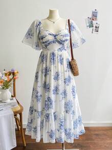 Soleia Women's Plus Size Blue Floral Print Chiffon Sweetheart Neck Short Sleeve Maxi Dress, Summer Vacation Bohemian Boho  Romantic Floral  Vacation Floral - Blue and White - View 1