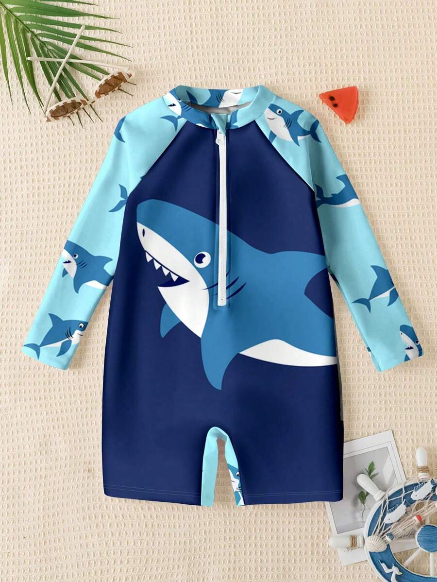 Young Boy Casual Slim Fit Shark Print Round Neck Long Sleeve One-Piece Swimsuit, Suitable For Summer