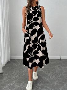 SHEIN LUNE Women's Casual Apricot Floral Print Mid-Length Dress, Suitable For Spring/Summer Holiday,Sun Dresses For Women,Shirt Dresses For Women Chic Dress