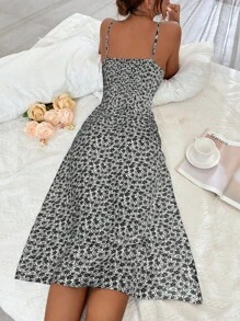 Breezaya Đầm Maxi hở đùi in họa tiết hoa nhỏ xinh dành cho nữ - Đen và trắng - Xem 2