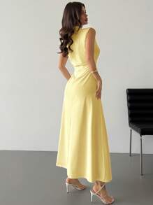 Firerie Women's Simple Elegant Romantic White Stand Collar Sleeveless Ruffled A-Line Maxi Dress, Suitable For Date, Daily Wear, Commute - Yellow - View 3