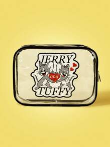 TOM & JERRY X SHEIN Cartoon & Letter Print Transparent Fashion Makeup Bag - Black - View 1