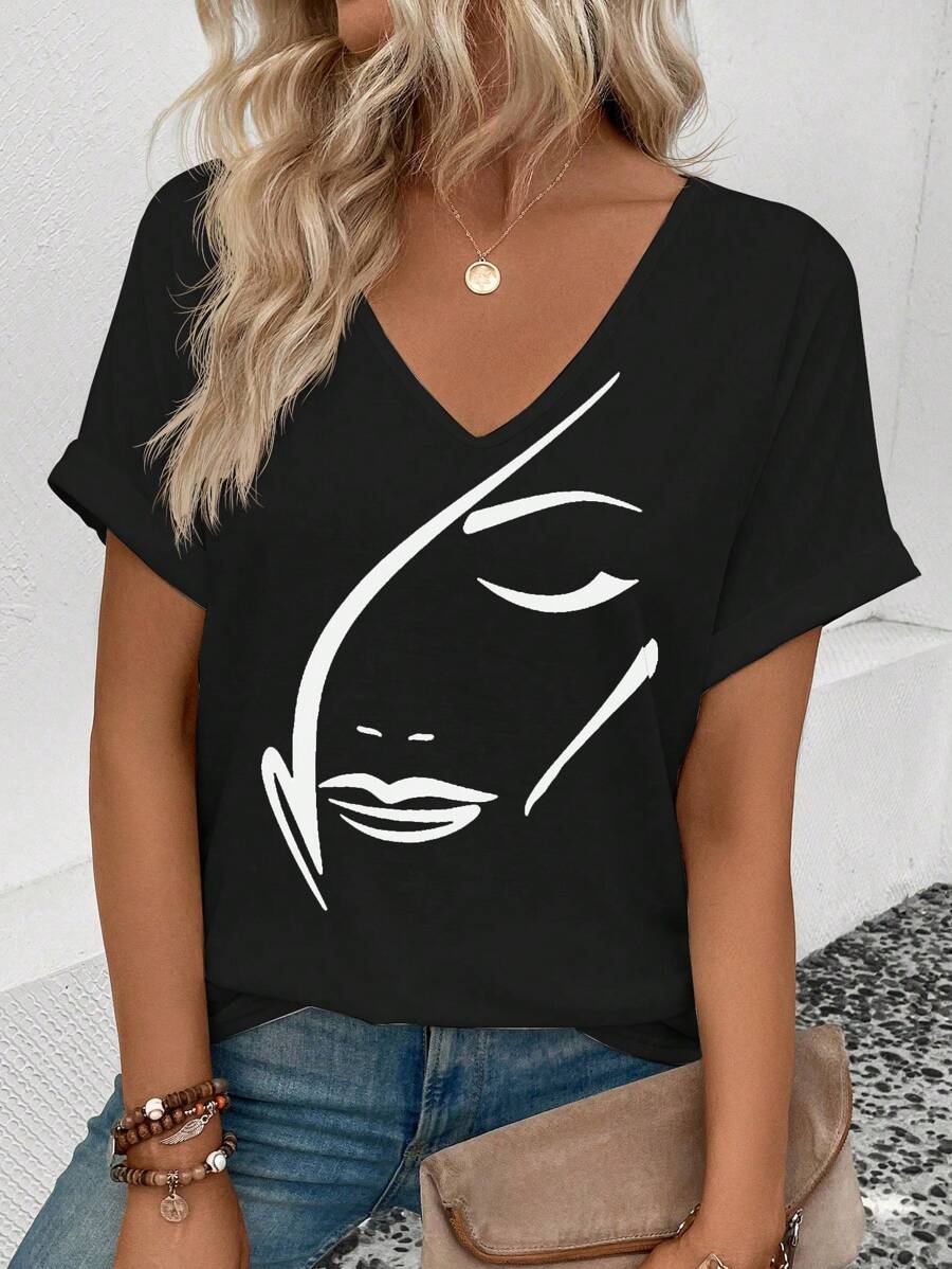 SHEIN Women V-Neck Abstract Art Print Loose Casual Short Sleeve T-Shirt, New Fashion Design