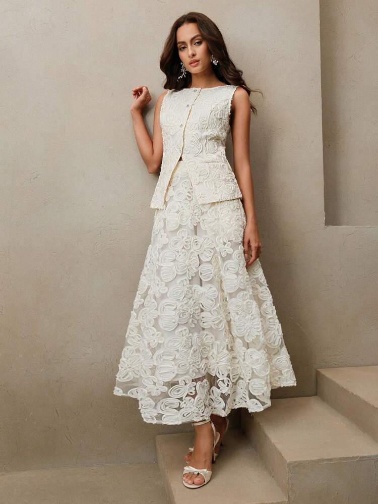 Anewsta Elaire 2pcs/Set Women Solid Color Floral 3D Textured Sleeveless Top And Skirt, For Spring/Summer Festival And Graduation