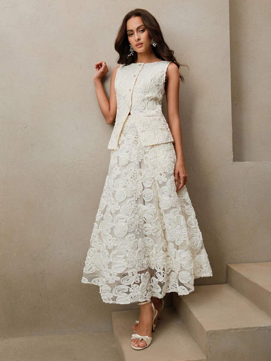 Anewsta Elaire Bộ 2 món gồm áo và chân váy không tay họa tiết hoa 3D màu trơn dành cho nữ, thích hợp cho các lễ hội mùa xuân/hè và lễ tốt nghiệp. - Màu be - Xem 1