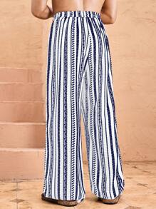 HIMLAND 男士梭织休闲时尚宽松松紧腰直筒裤，秋季 - 藍白色 - 查看 4