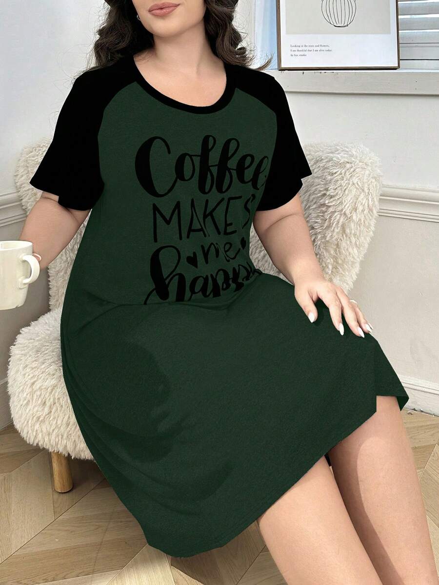 SHEIN Áo ngủ tay raglan in chữ cỡ lớn màu tương phản thường ngày - màu xanh lá - Xem 1