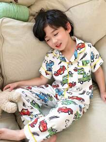 2pcs Young Boy Cute Dinosaur Print Short Sleeve Cardigan And Pants Loungewear Set, Casual And Comfortable - Apricot - View 3