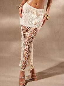 Hauture Falda maxi de punto y ganchillo con borde de cola de sirena - Beis - Ver 4