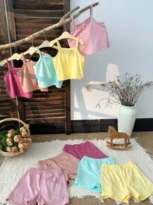 SHEIN 10 pièces/Paquet Top à bretelles et short décontractés pour bébé fille tout-petits, usage quotidien intérieur/extérieur 0-3 ans, multicolore