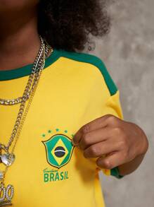 SHEIN Leap Crew Tween Boys Spring/Summer Streetwear Round Neck Short Sleeve 'Brasil 7' Numeric & Letter Print Casual Loose Fit T-Shirt,Parent-Child Clothing - Yellow - View 5