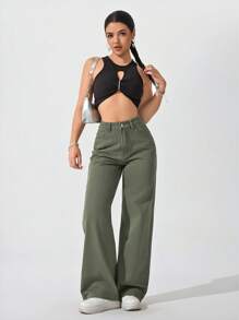 Jeanoix Pantalones vaqueros casuales de unicolor simple para mujer - Verde militar - Ver 4
