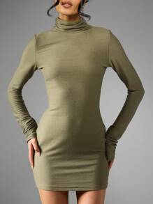 MISSGUIDED High Neck Turtleneck Long Sleeve Ribbed Bodycon Mini Dress Winter Fall Nightout Party Stretchy Form Fitting Basic Fashion Essentials - Army Green - View 4