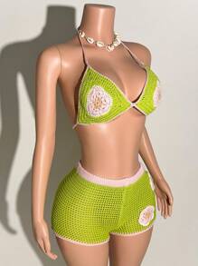 Slaydiva Green Floral,Summer,Boho,Vacation,Holiday Women 2Pcs Crochet Knit Swimsuit, Flower Pattern Triangle Bikini Top+Shorts,Music Festival Beach Party - Green - View 6