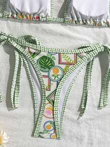 Swim Mod 2pcs/Set Women Beachwear Cute Fashionable Holiday Contrast Color Ruffled Fruit Print Halter Backless Triangle Top And Self-Tie String Bikini Swimsuit For Summer Beach Vacation - Multicolor - View 6