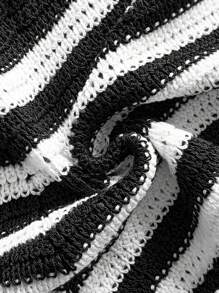 Soleia 2pcs/Set Holiday Beach Decoration Red & White Striped Bikini Sweater Set In Fall/Winter - Black and White - View 7