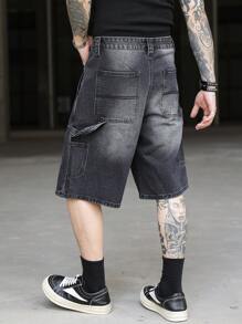Manfinity EMRG 男士休闲多口袋牛仔工装短裤，夏季时尚 - 黑色 - 查看 7