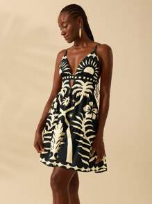 CAJUNI Women's Boho Tropical Green Palm Tree, Sunshine Print Deep V-Neck Spaghetti Strap Backless A-Line Short Dress,Bohemian Clothes