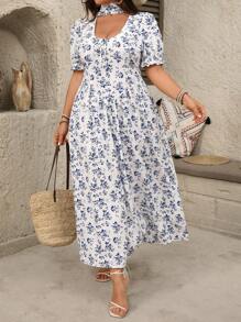 Flirla Plus Size Women's Elegant Casual Blue & White Floral V-Neck Tie-Waist Babydoll Maxi Dress, French Style, Suitable For Commute, Holiday, Afternoon Tea, With Puff Sleeves & Ruffled Skirt, Spring/Summer - Multicolor - View 6