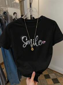 SHEIN Women's Regular Fit Round Neck Short Sleeve T-Shirt With SMILE Rhinestone Design - Black - View 3