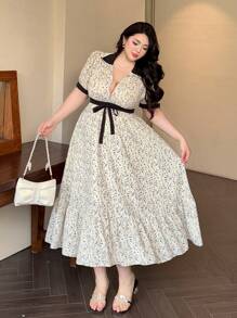 Vibekara Contrast Color Lace Trim Sweet Floral Print Mini Dress