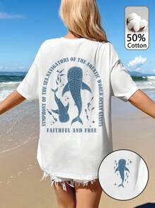 SHEIN EZwear Faithful And Free Oversized Loose Vacation Casual Ocean Whale Print T-Shirt, 50% Cotton Comfortable Fabric, Suitable For Summer Getaway - White - View 1