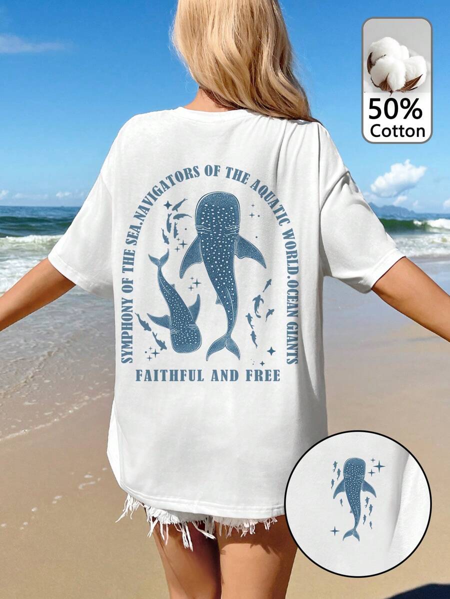 SHEIN EZwear Faithful And Free Oversized Loose Vacation Casual Ocean Whale Print T-Shirt, 50% Cotton Comfortable Fabric, Suitable For Summer Getaway - White - View 1