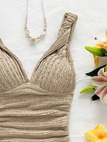 Soleia Women's Vacation Knit White Textured V-Neck, Twisted Shoulder Strap, Ruched Waist Fitted Fashionable Slimming Camisole, For Party, Date, Valentine's Day - Apricot - View 7