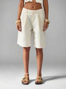 MISSGUIDED Short bermuda d'été en lin, coupe large plissée jusqu'aux genoux, casual, idéal pour les vacances à la plage. Avec poches.