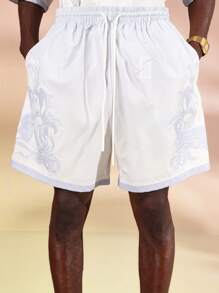 SUMWON Luxury Resort Baroque Print Short Sleeve Button Down Shirt Shorts Set Summer Holiday Beach Party Two Piece Outfit Casual Wear - Blue - View 6