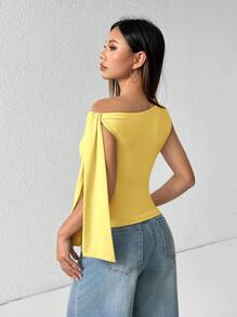 SHEIN PETITE Solid Color Asymmetrical Shoulder Tie Up Blouse, Yellow Top Fashionable Summer Item