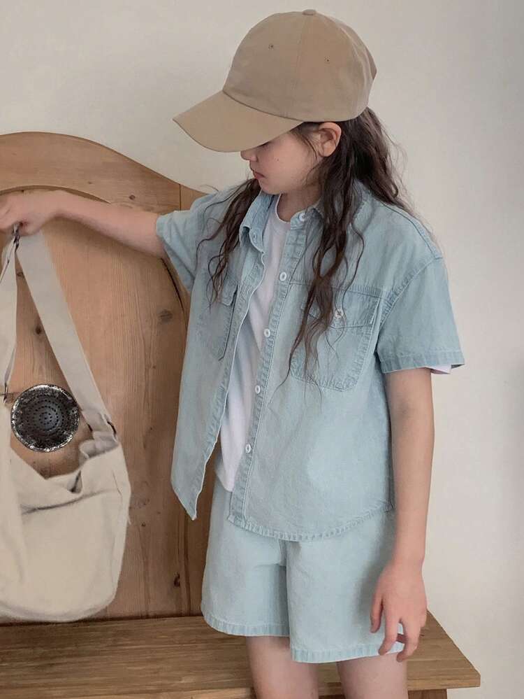2pcs Tween Girls Denim Shirt + Denim Shorts Set, Summer
