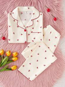 SHEIN 少女杏色可爱樱桃印花长裤和短袖休闲宽松两件套睡衣套装 - 杏色 - 查看 5