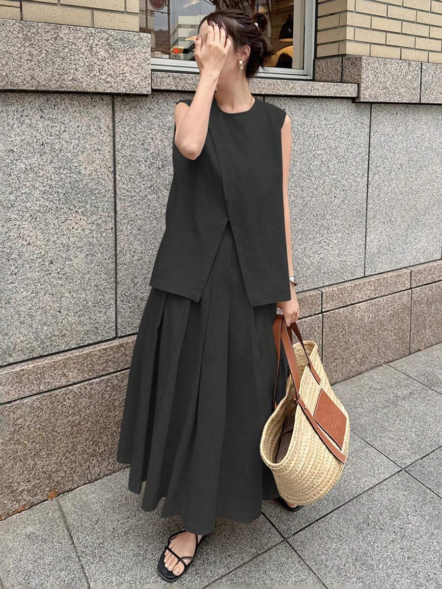 FRIFUL 2 件套女式无袖短款上衣和高腰开叉裙，假日复古风亚麻套装 - 深灰色 - 查看 1