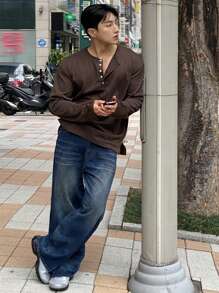 DAZY Áo thun nam tay dài màu nâu có khóa kéo nửa, mùa thu, mùa thu - màu nâu - Xem 4