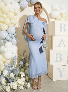 Loomaby 孕妇纯色不对称领口优雅连衣裙、性别揭示连衣裙、婴儿洗礼连衣裙、孕妇装 - 藍色 - 查看 4