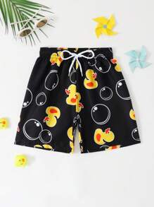 Cute Cartoon Duck Pattern Young Boy's Simple Fashion Swimming Trunks, Suitable For Summer - Black - View 1
