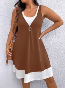 SHEIN LUNE 大码拼色夏季休闲连衣裙 - 棕色 - 查看 7