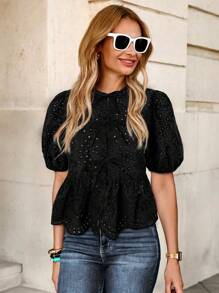 Solivie 女士前系带泡泡袖刺绣优雅衬衫，度假风，适合情人节 - 黑色 - 查看 6