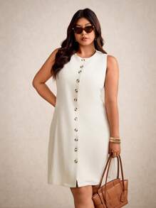 Elaquor Plus Size Casual Elegant Commute Sleeveless Button Round Neck A-Line Dress,Business Casual Woman - Apricot - View 3