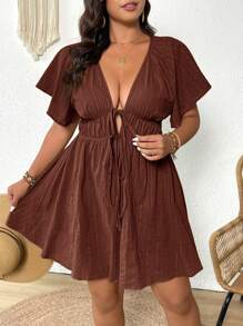 Elaquor Vestido de Mangas Bufantes Texturizadas com Decote em V, Cinto na Cintura, Para Tamanhos Grandes, Casual e de Férias - Marrom - Visão 1