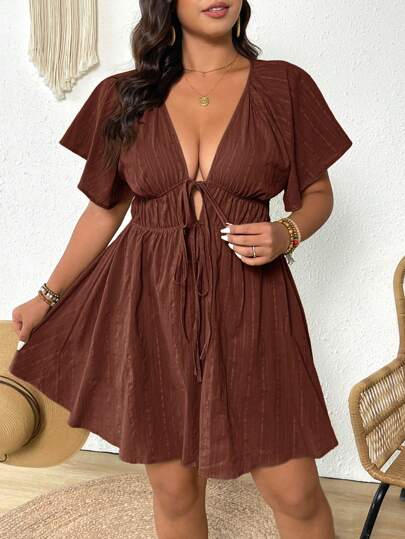 Elaquor Plus Size Casual Vacation Textured Ruffle Sleeve V-Neck Tied Waist Dress,Summer Dresses For Women,Dresses Casual Spring