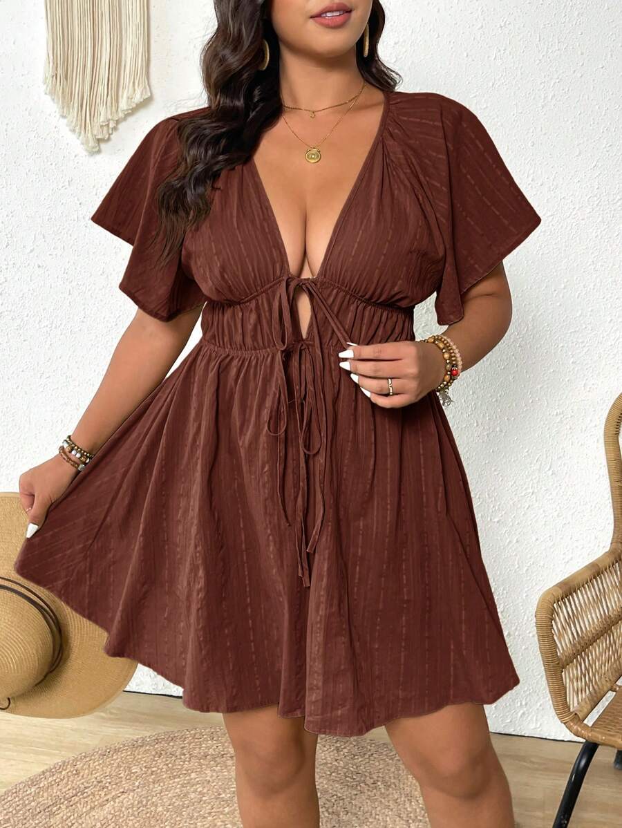 Elaquor Vestido de Mangas Bufantes Texturizadas com Decote em V, Cinto na Cintura, Para Tamanhos Grandes, Casual e de Férias - Marrom - Visão 1
