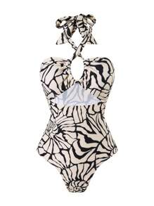 Swim Oasis 2 件套新款女士泳衣针织优雅随机印花交叉吊带高腰连体泳衣和随机印花裙 - 彩色 - 查看 4