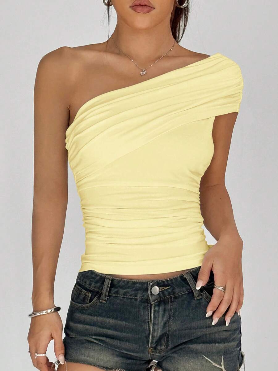 SHEIN EZwear 女士奶油黄色休闲不对称领口衬衫夏季上衣 - 黃色 - 查看 1