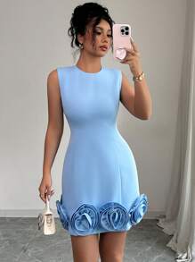 Rafferiza 女士优雅修身花卉无袖连衣裙 - 藍色 - 查看 8