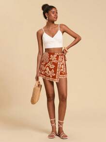 Travachic Pantalones cortos de mujer de cintura alta y pierna ancha, de verano para vacaciones - Naranja - Ver 6